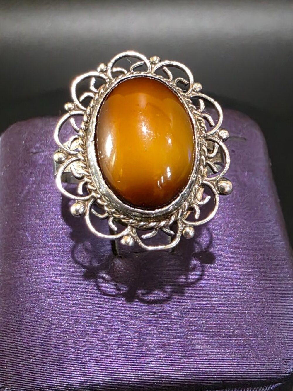 Vintage Mexican Sterling Silver Honey Agate Amber Ring Ornate Filigree Size 7.25